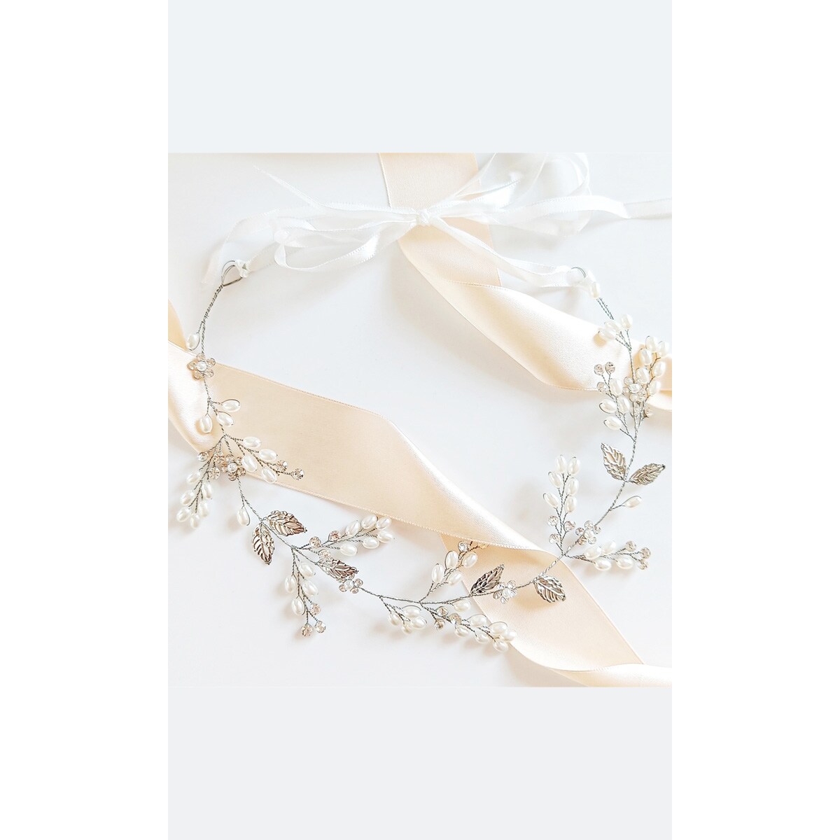 Wianek z perełkami na komunię ŚLUB boho glam z perelkami i listkami srebrny