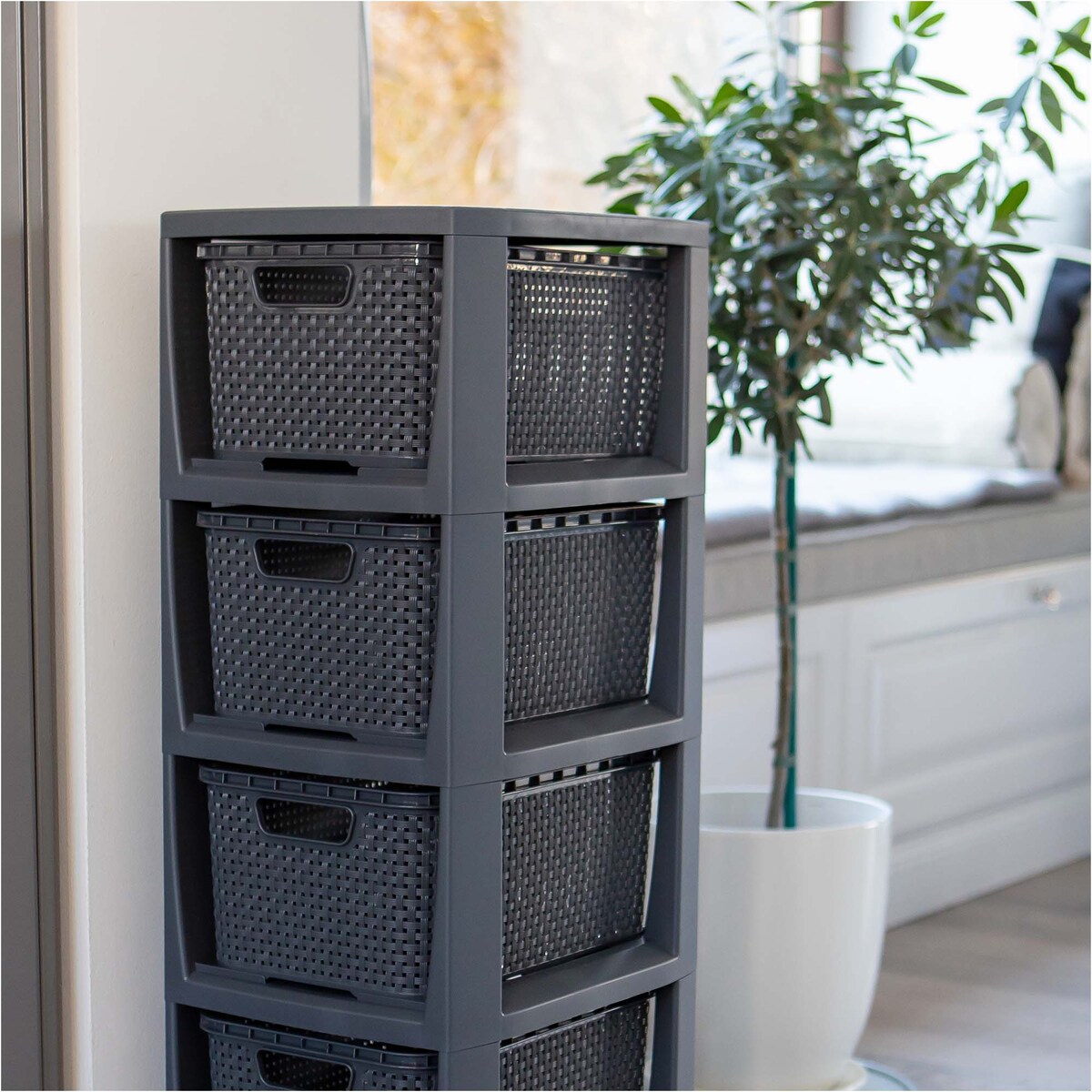 Regał Stojak Łazienkowy Rattanowy Szafka Z Koszami 4 X 7L Antracyt