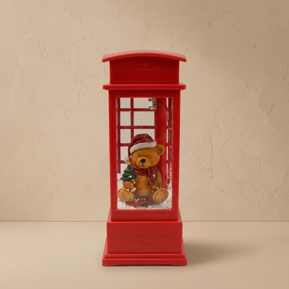 Budka telefoniczna świąteczna z LED, efektem śniegu i melodią, 10,5 x 10,5 x 25 cm