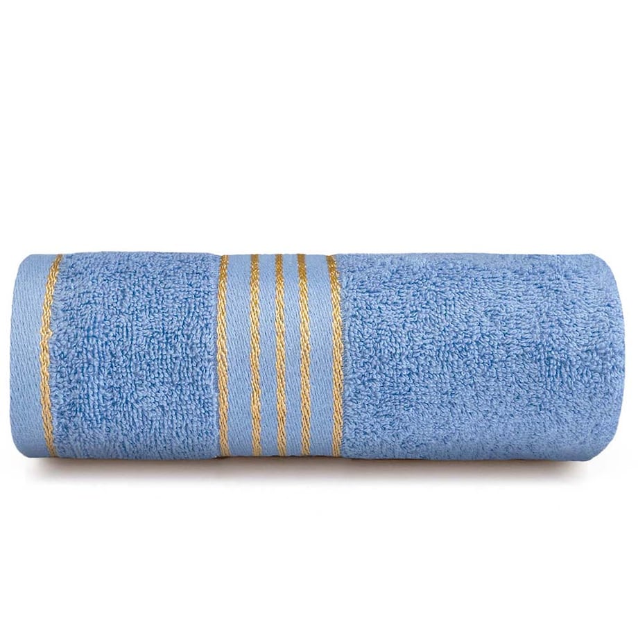 Ręcznik kąpielowy 50x90 cm bawełniany kolor niebieski z bordiurą w złote paski 500 g/m2 TIWANO