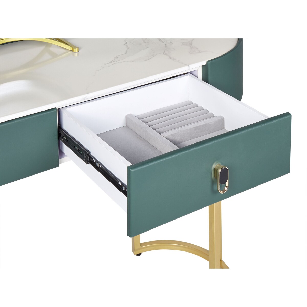 Toaletka 2 szuflady lustro LED z pufem zielono-złota VINAX