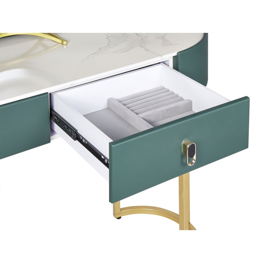 Toaletka 2 szuflady lustro LED z pufem zielono-złota VINAX