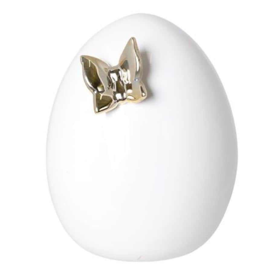 Dekoracja - białe jajko ceramiczne 17,5x14x14 cm i złoty motylek