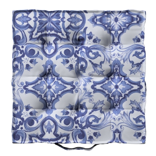 Poduszka na krzesło Kuba, niebieskie wzory na białym tle, 50 x 50 x 10 cm, Aria