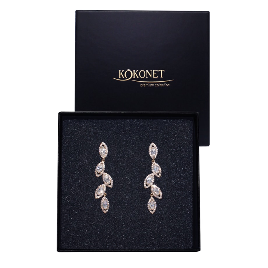 Lekkie KOLCZYKI listki z kryształkami ślubne wysoka jakość złote sztyft