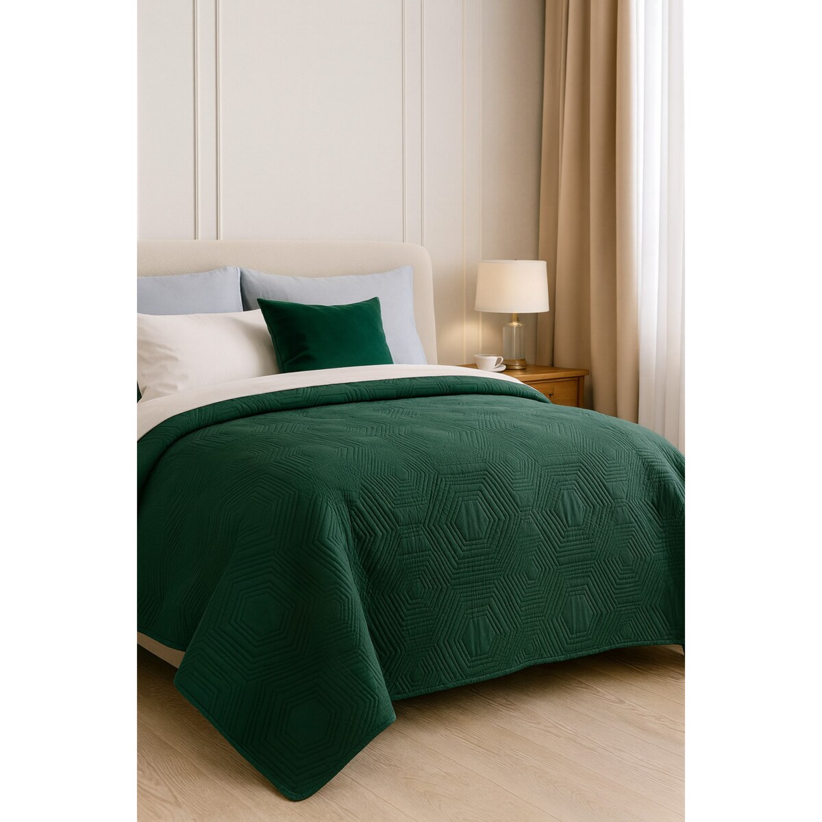 Narzuta pikowana dwustronna Tara 170x210 ciemna zieleń-jasny róż, ozdobne heksagony