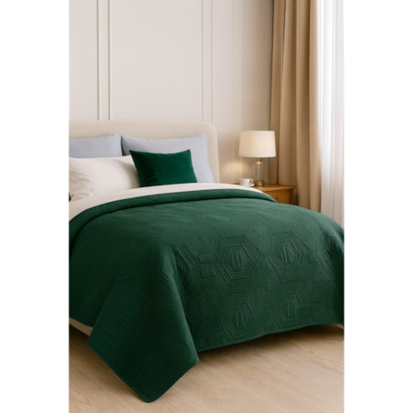 Narzuta pikowana dwustronna Tara 170x210 ciemna zieleń-jasny róż, ozdobne heksagony