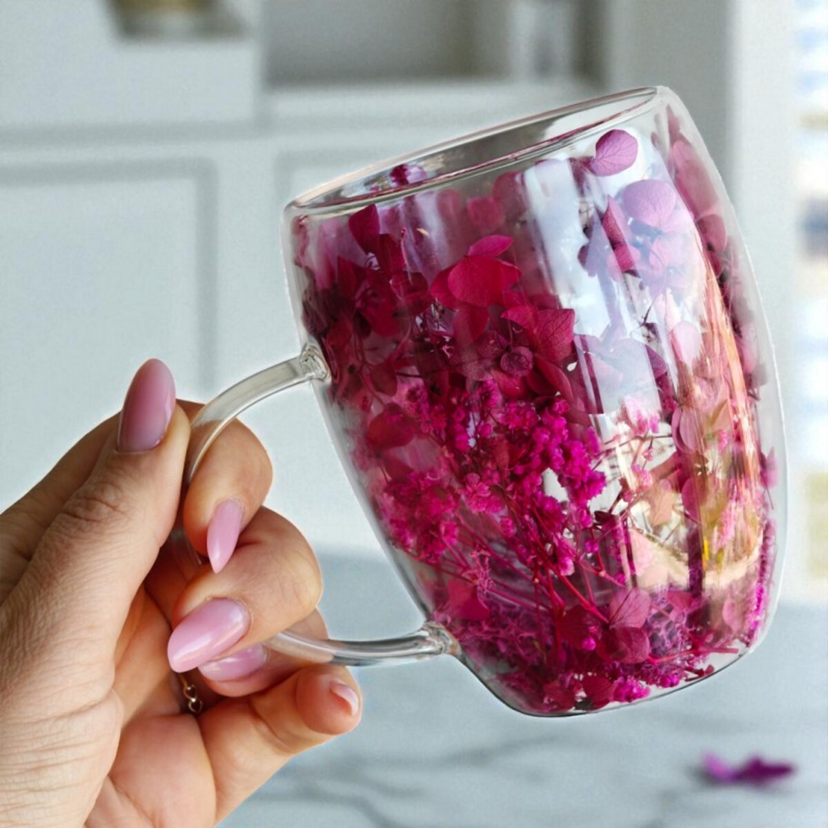 Szklanka termiczna z kwiatami w środku 300ml 1szt, pełna kwiatów burgund, red SZK192