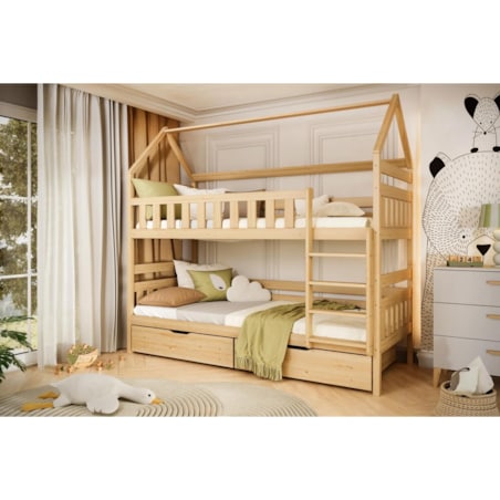 Łóżko piętrowe domek FELIKS 200x90 sosna lakierowana drewniane z szufladami