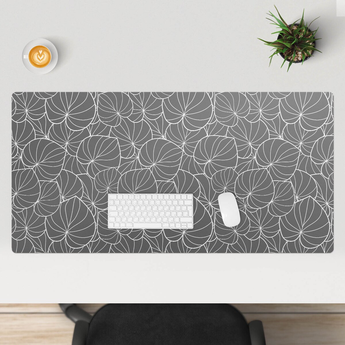 Szara mata na biurko Liście w abstrakcji, 120x60 cm