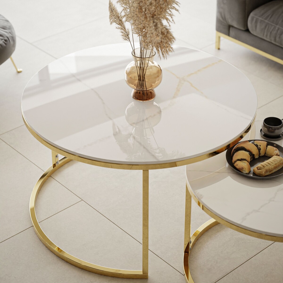 Stolik kawowy 2w1 SELAVI złoty chrom biały marmur