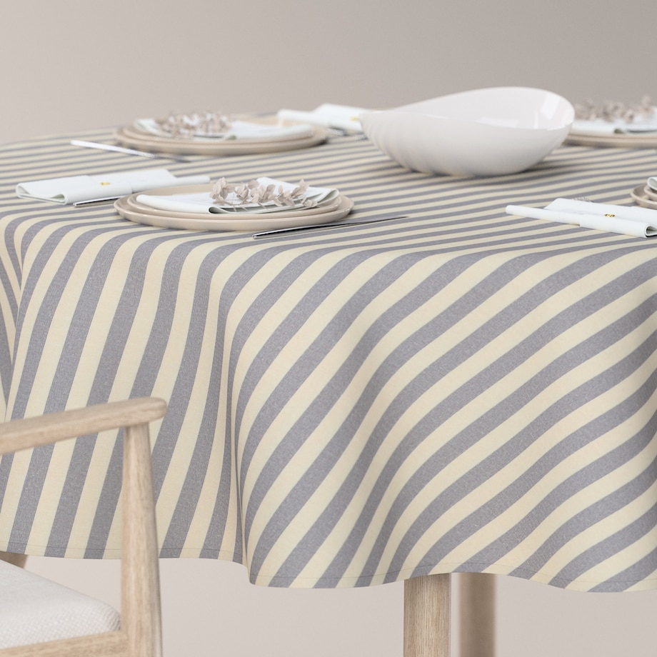 Obrus okrągły 160 x 160 cm granatowo-białe pasy (1,5cm)