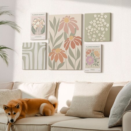 Zestaw 5 obrazów na płótnie - Kwiatowe wzory Londyn Paryż boho - zielony