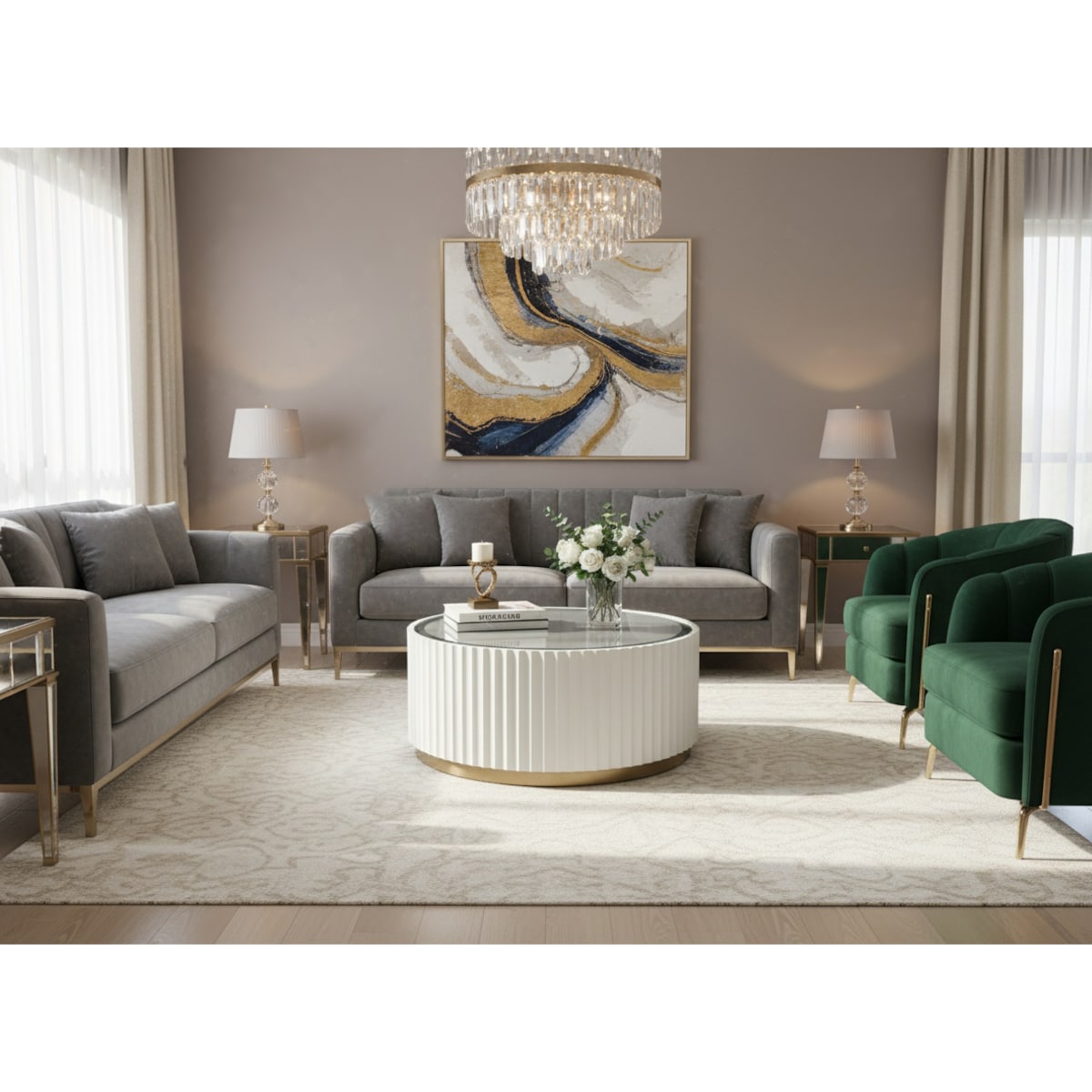 Stolik kawowy ryflowany biały okrągły złoty z szybą Livino Glamour Premium 90x90x50