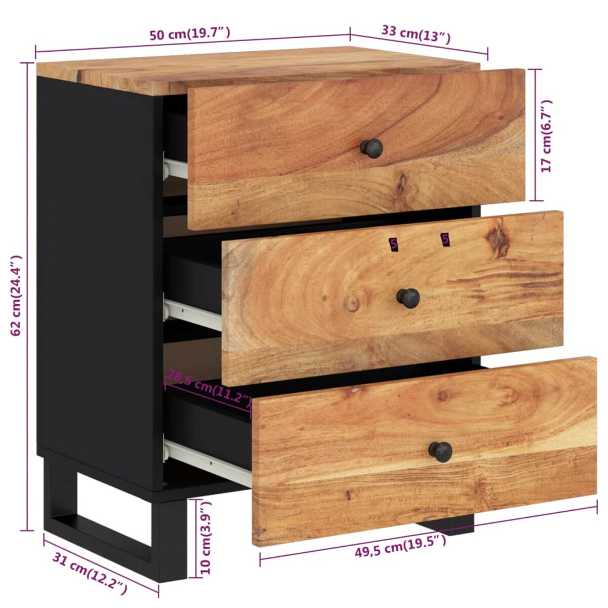 vidaXL Szafka nocna, 50x33x62 cm, lite drewno akacjowe