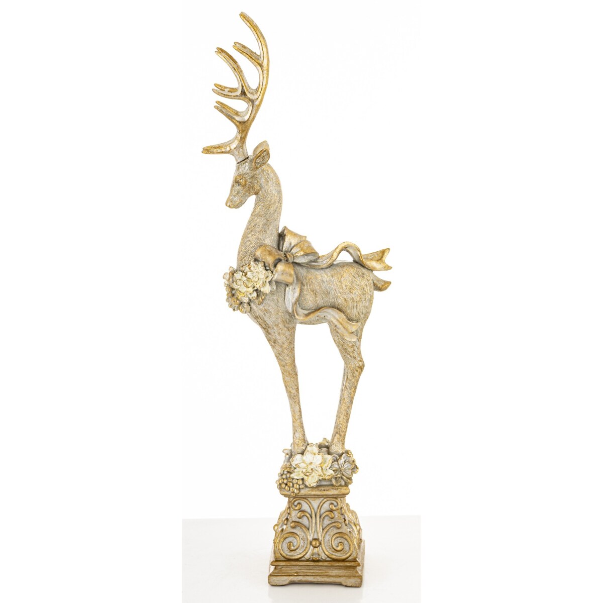 Figurka - złoty jeleń z wieńcem i kokardą 52,5x16x9 cm stojący na postumencie