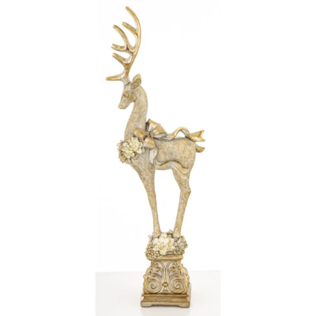 Figurka - złoty jeleń z wieńcem i kokardą 52,5x16x9 cm stojący na postumencie