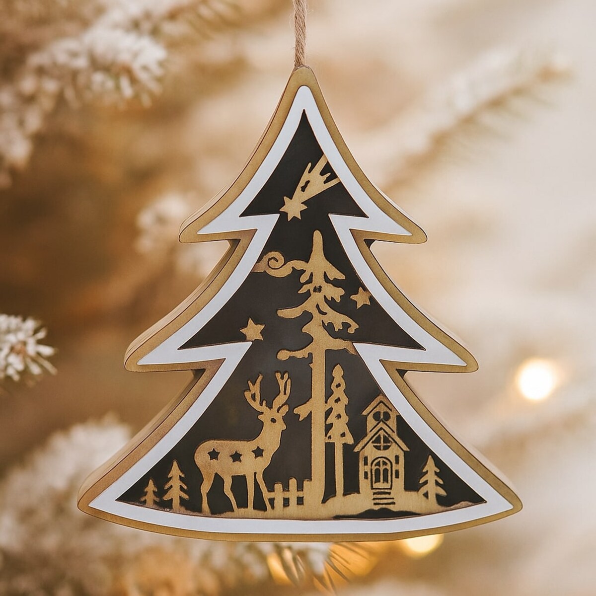 Drewniana dekoracja świąteczna do zawieszenia, 12 cm, LED, na baterie, kolor beżowy