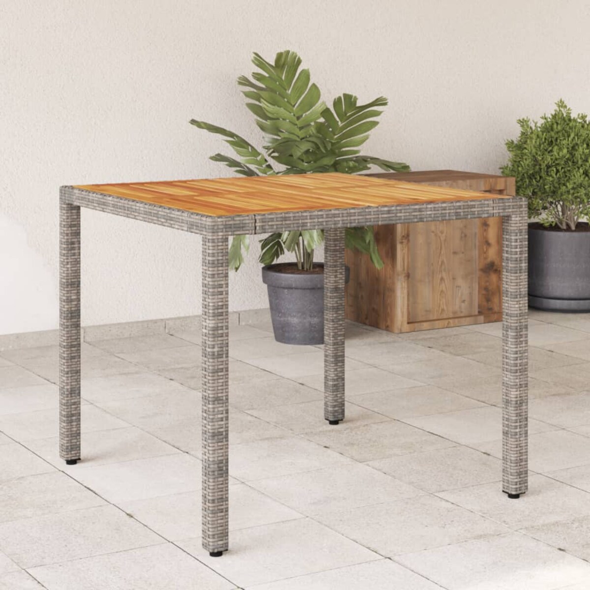 vidaXL Stół ogrodowy z akacjowym blatem, szary, 90x90x75 cm, rattan PE