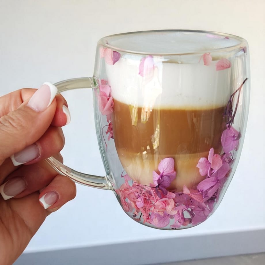 Szklanka termiczna z kwiatami w środku, gipsówka hortensje róż 300 ml 1szt SZK165