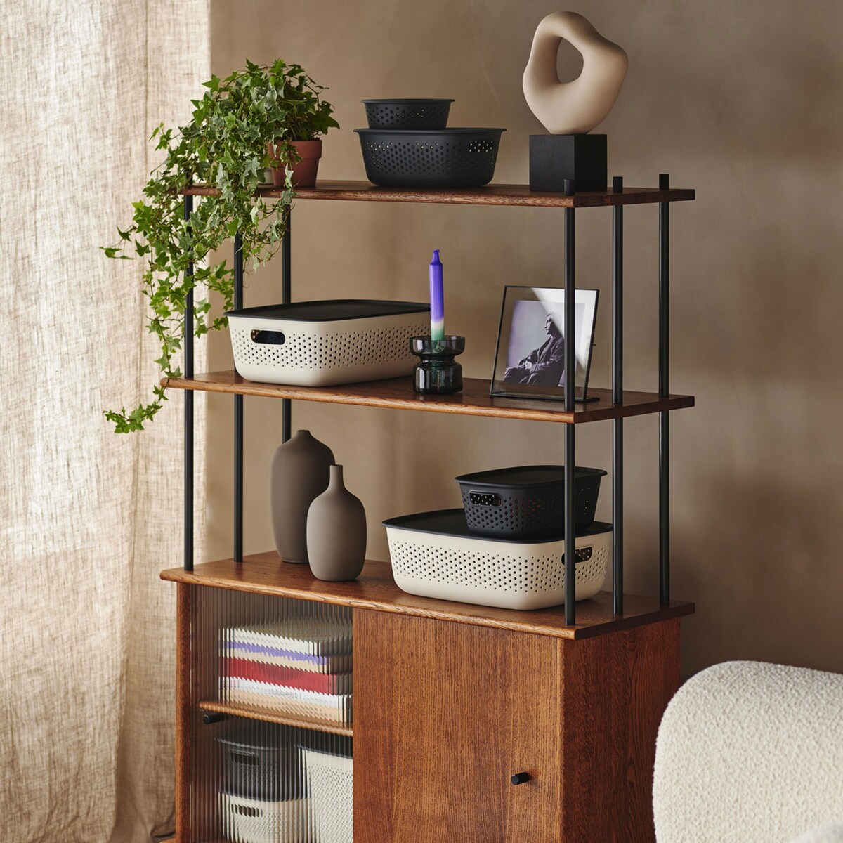 3X Pojemnik Plastikowy Ażurowy Pudełko Z Pokrywą Pojemniki Box 17L Czarny