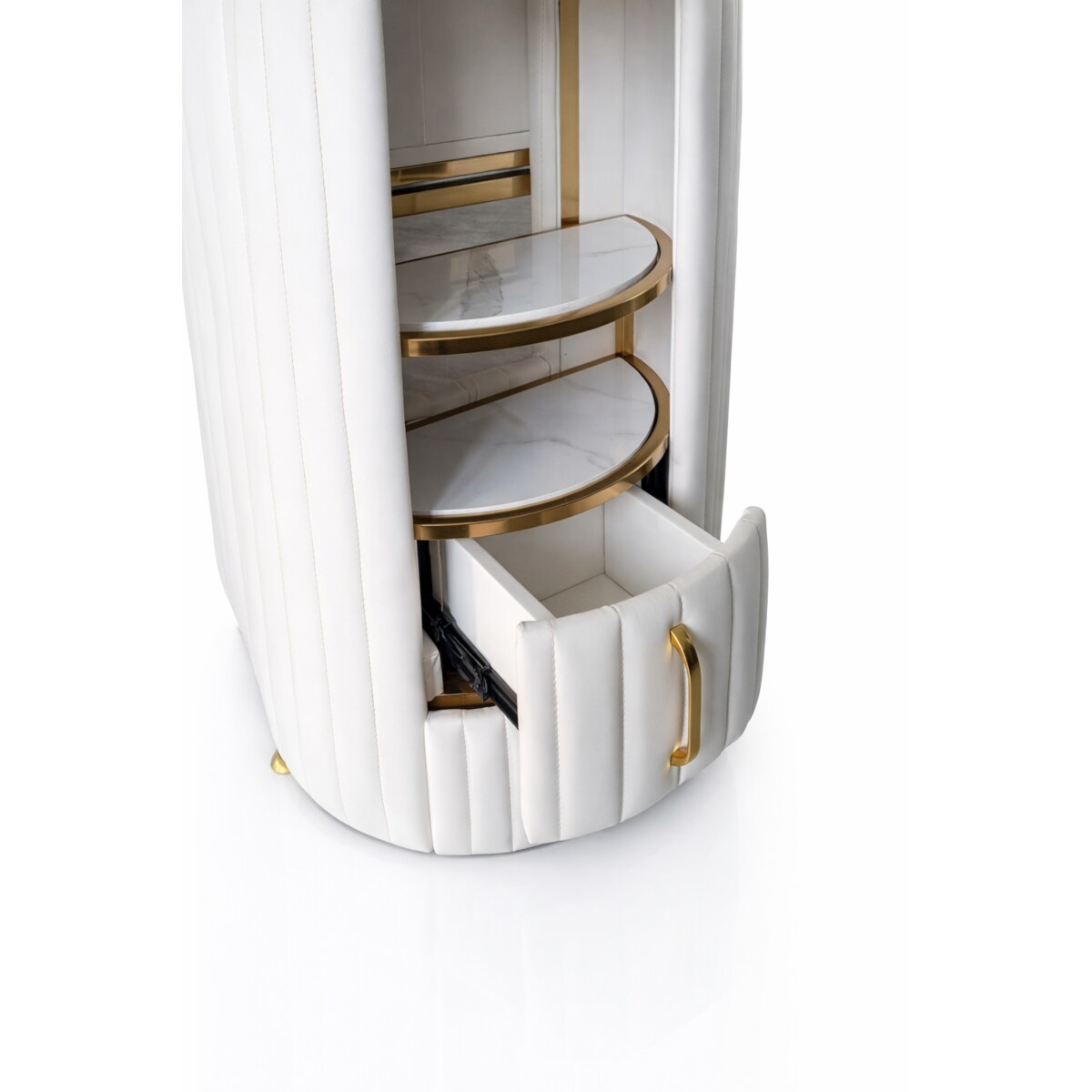 Biurko kosmetyczne z otworem na pochłaniacz biało-złote owalne 140x45x78