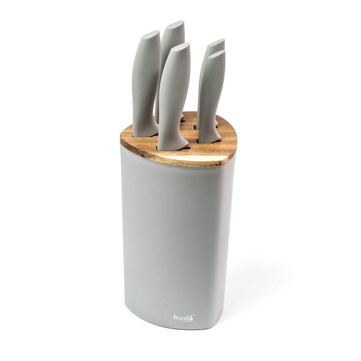 Zestaw 5 noży w bloku plastikowym z elementami drewna akacjowego Szary HUSLA
