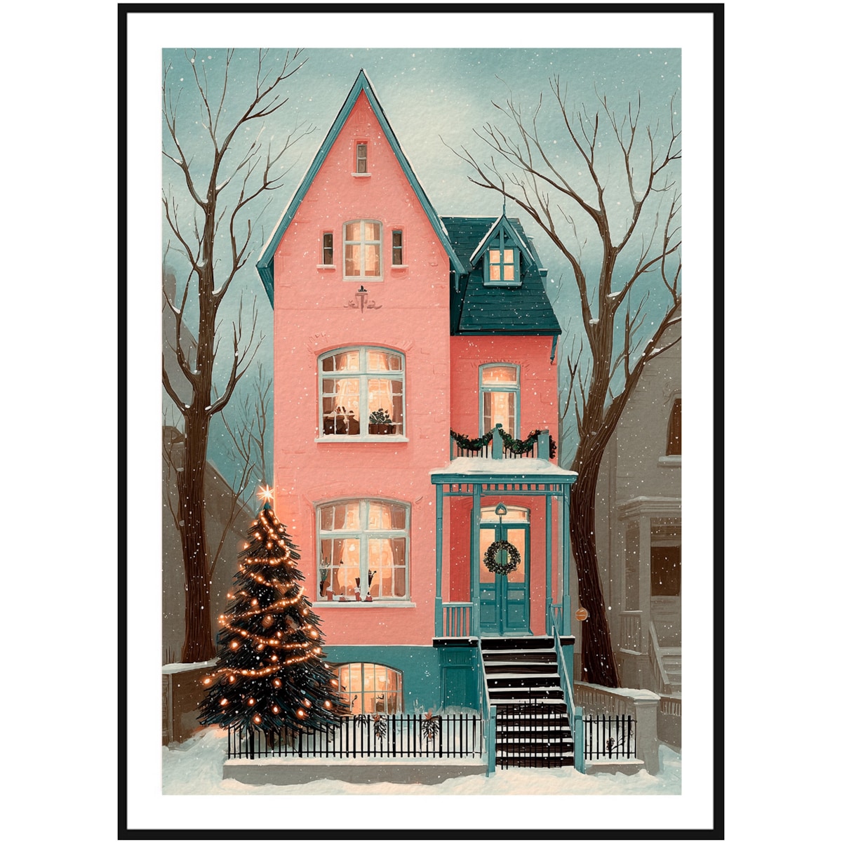 Poster Story, Plakat, Obraz - Zimowy Różowy Dom, wymiary 50 x 70 cm