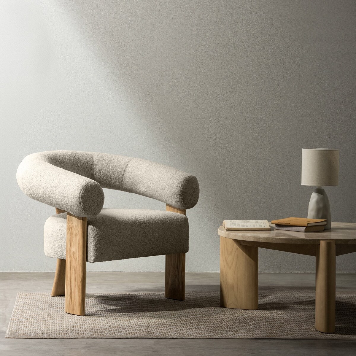 Fotel wypoczynkowy brązowoszary bouclé/dąb Ilady