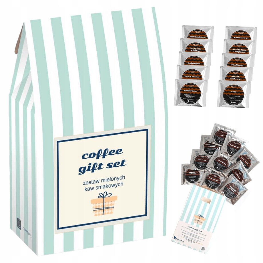 ZESTAW 10 KAW SMAKOWYCH W SASZETKACH PO 10 GRAM "COFFEE GIFT SET" - PREZENT UPOMINEK BOX PREZENTOWY NA PODZIĘKOWANIE DLA KOBIETY FACETA MĘŻCZYZNY NIEJ NIEGO