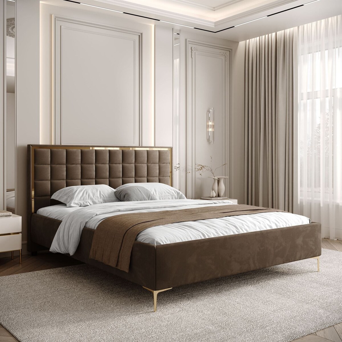 Łóżko tapicerowane ISADORA GOLD, pojemnik na pościel, stelaż 34, 140x200, RV 196