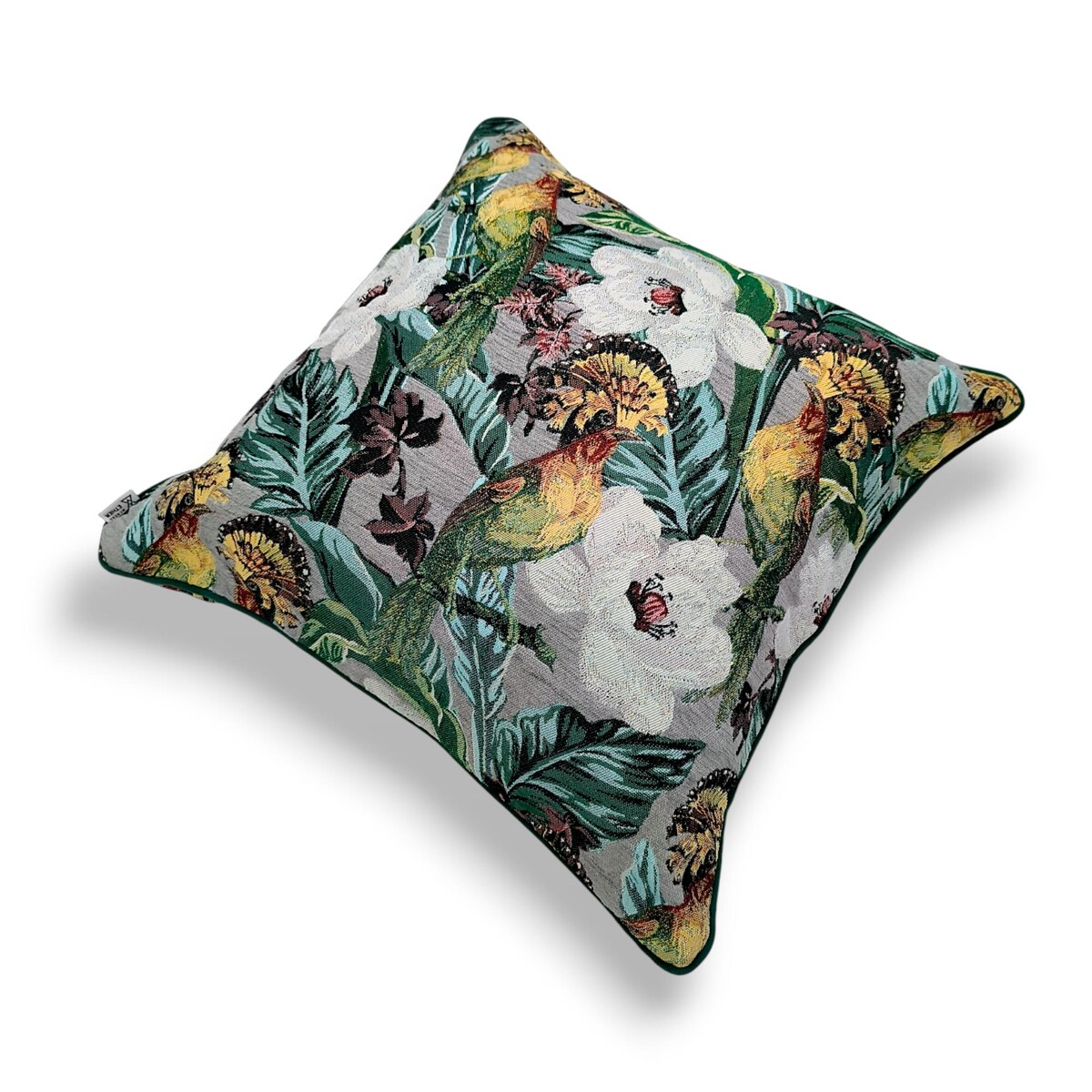 Poduszka dekoracyjna w liście i ptaki 45x45 - Echo Puszczy - polski żakard
