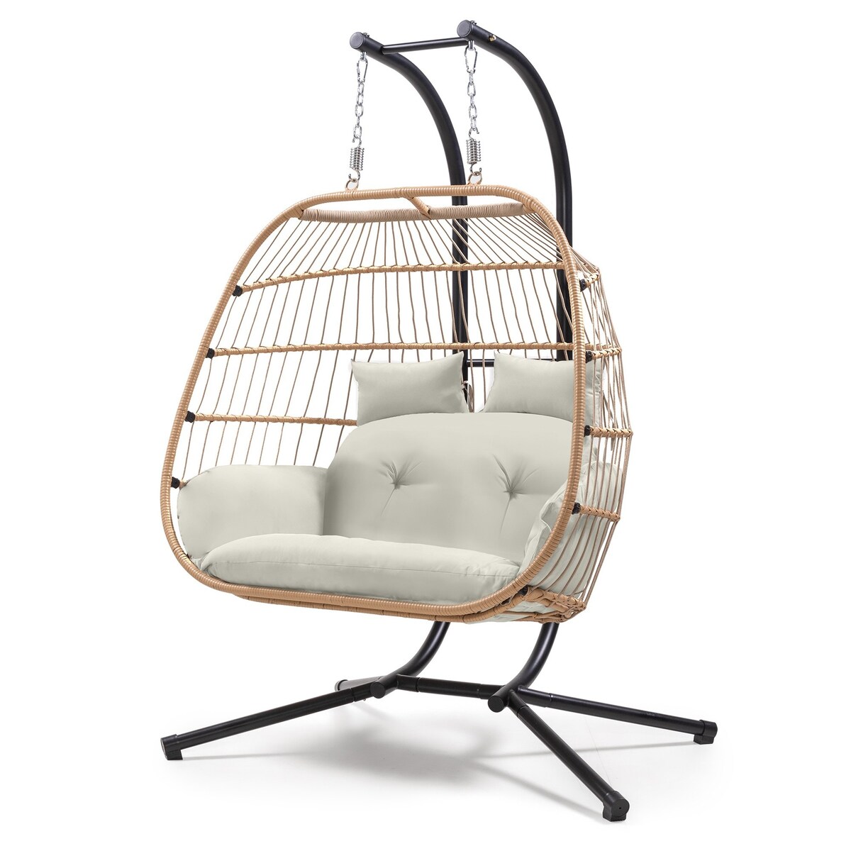 Fotel wiszący kokon, technorattanowy, kremowy, podwójny Hasi