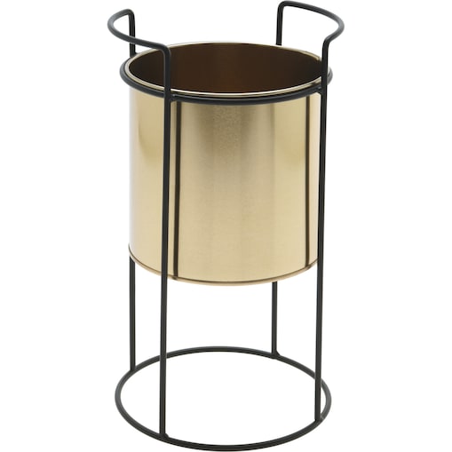 Złota doniczka, metalowa, na stojaku, wys. 31 cm