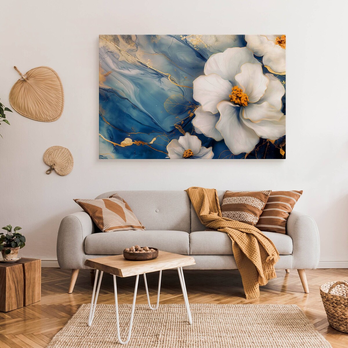 Obraz Do Salonu Białe Kwiaty Niebieski Marmur Glamour Abstrakcja 70x50cm