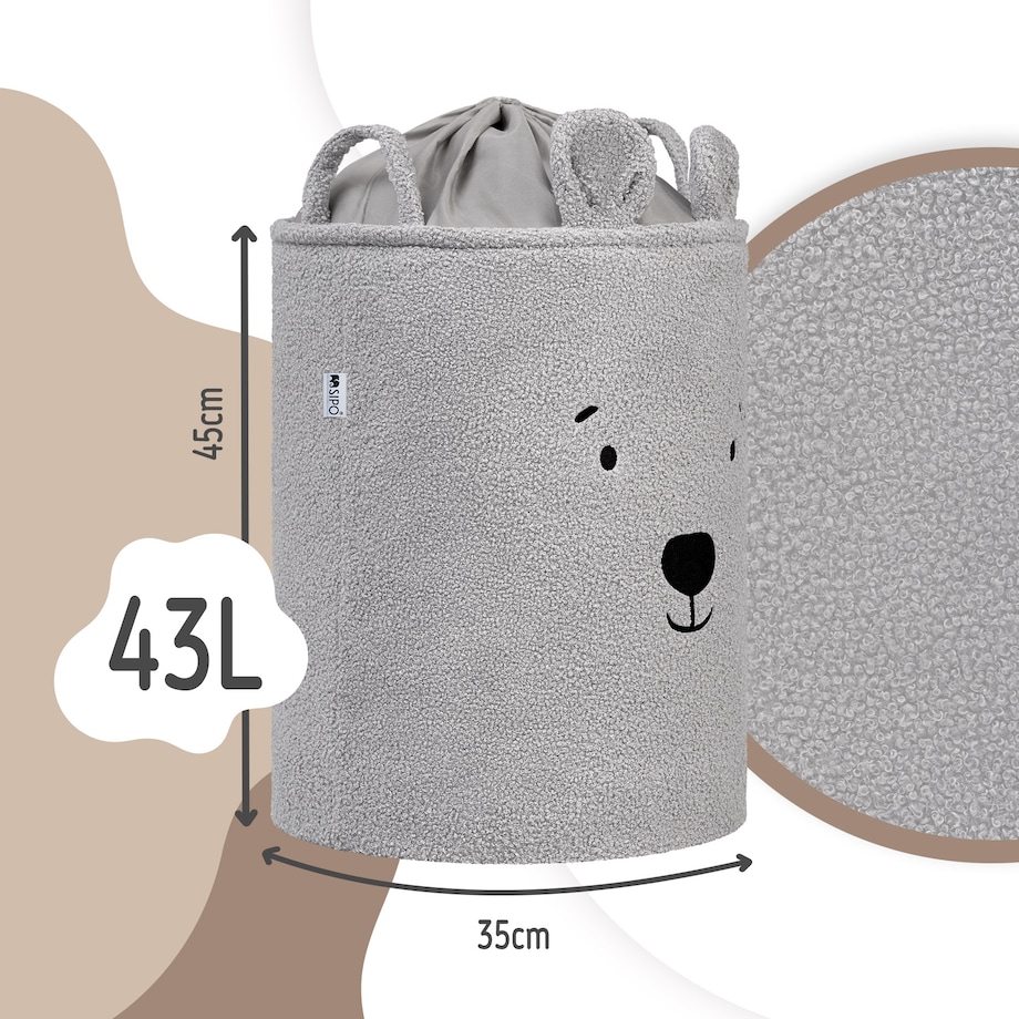 kosz na zabawki sipo, wersja premium boucle, zamykany na ściągacz, szary miś, xl