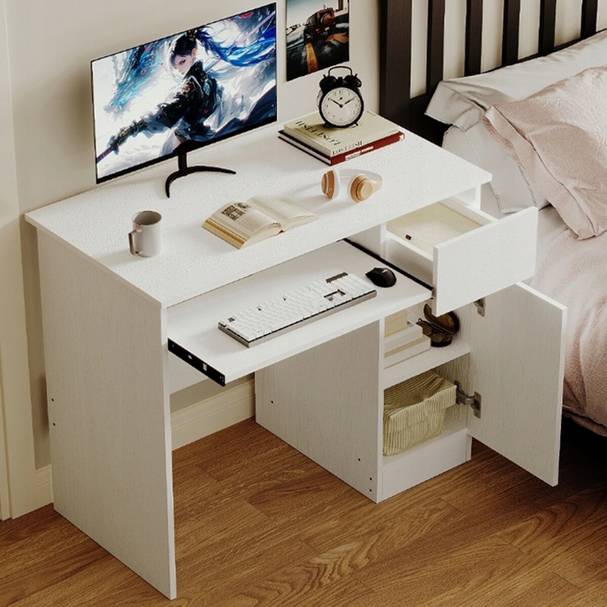 Biurko komputerowe białe nowoczesne z szufladą
