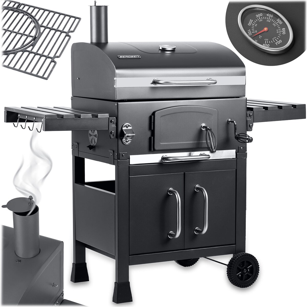 Grill węglowy ogrodowy Berdsen BD-893 komin żeliwny ruszt z pokrywą popielnik + termometr