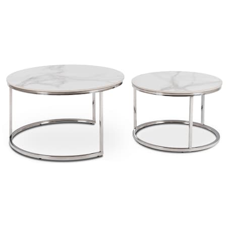 Stolik Kawowy Okrągły Zestaw 2w1 Ława Glamour Marmur Biały AMARA MAX
