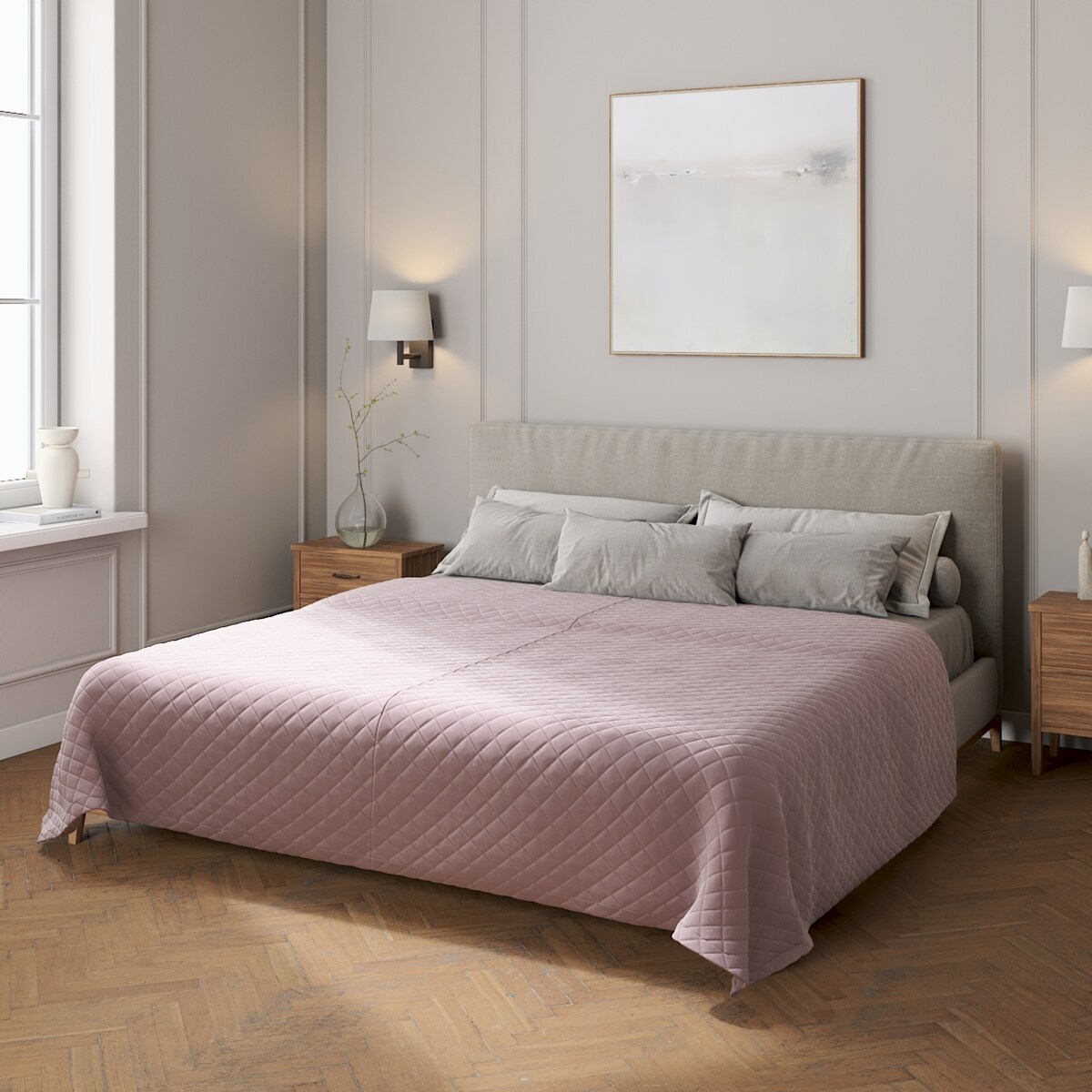 Narzuta pikowana w romby 260x210 zgaszony róż