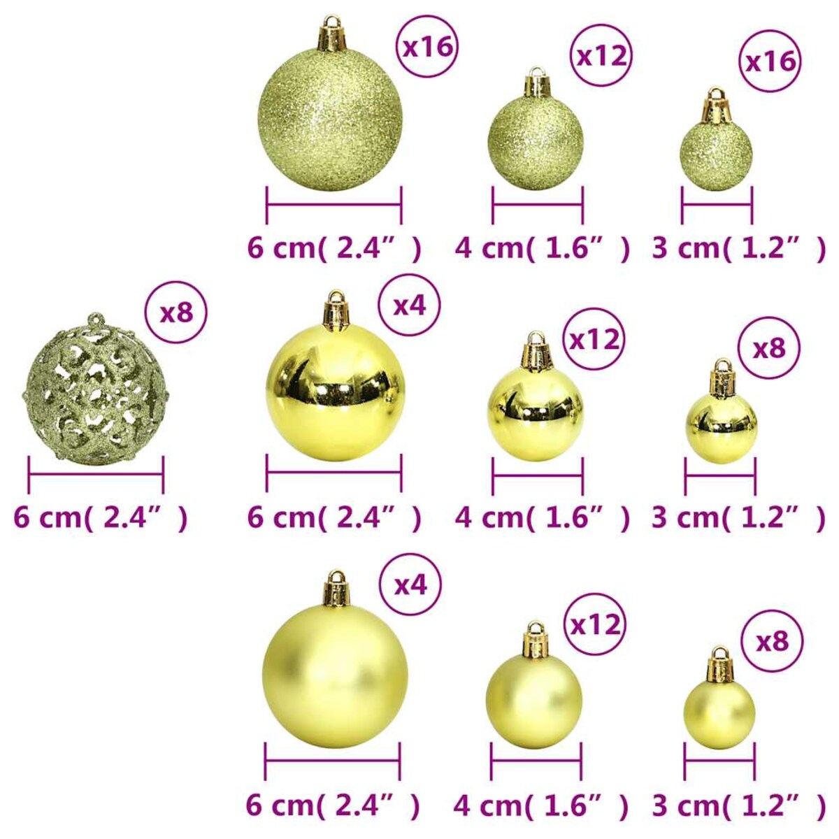 vidaXL Bombki świąteczne, 100 szt., jasnozielone, 3/4/6 cm