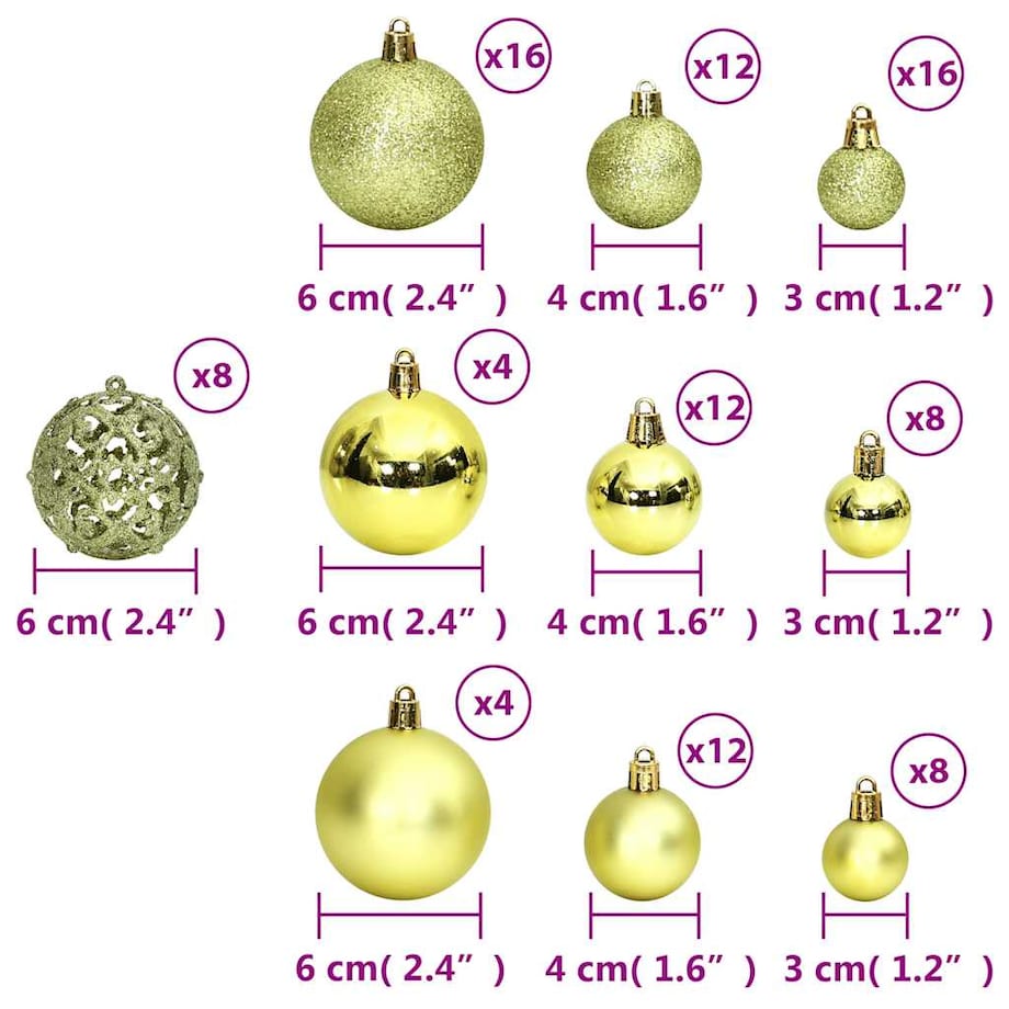 vidaXL Bombki świąteczne, 100 szt., jasnozielone, 3/4/6 cm