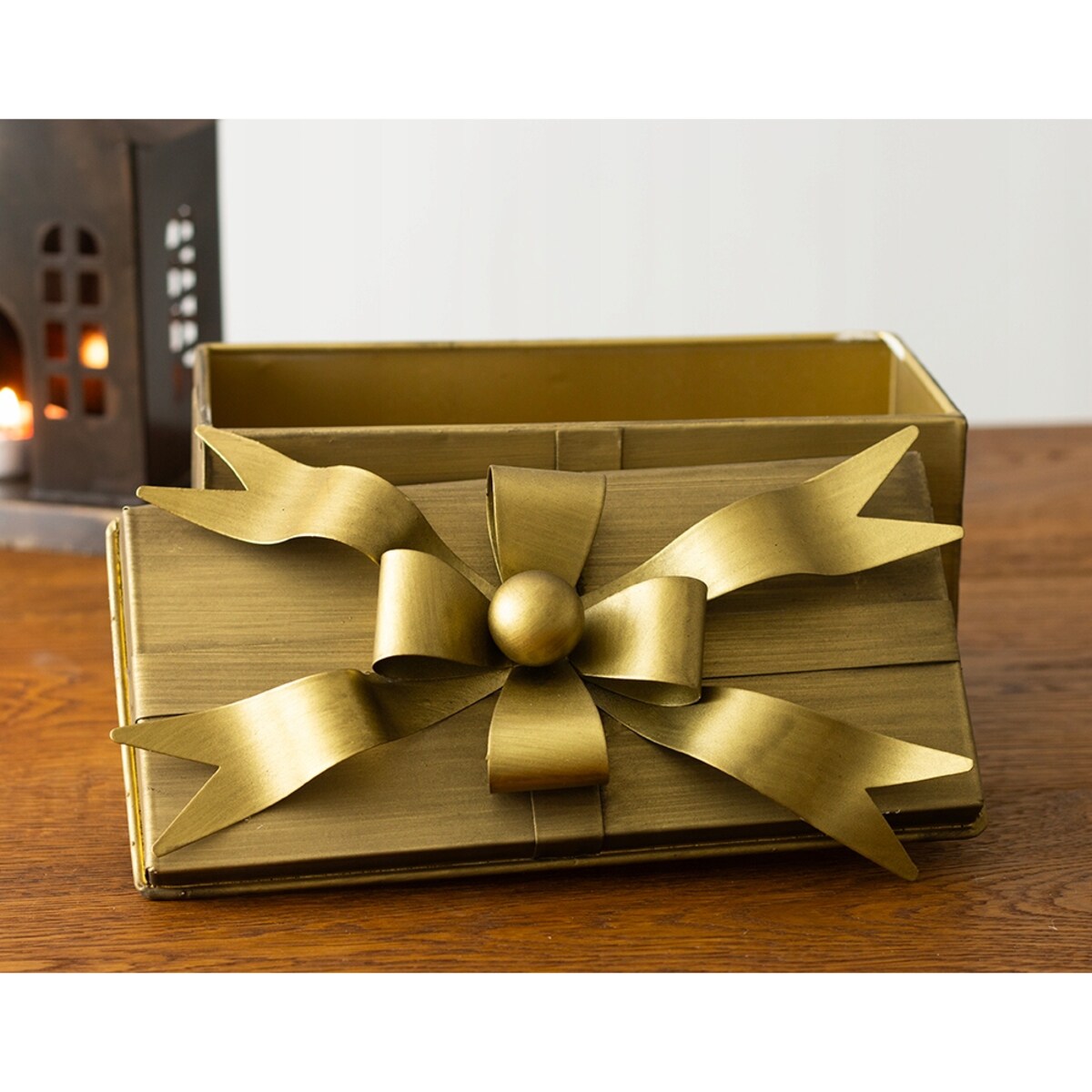 ŚWIĄTECZNE PUDEŁKO w kształcie prezentu ZŁOTE metalowe 21x10cm