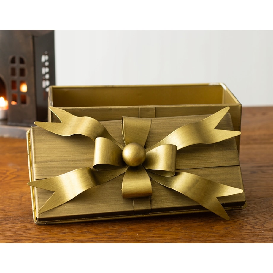 ŚWIĄTECZNE PUDEŁKO w kształcie prezentu ZŁOTE metalowe 21x10cm