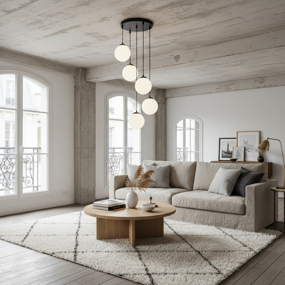 lampa wisząca 5 punktowa kaskadowa edylit kule białe czarna