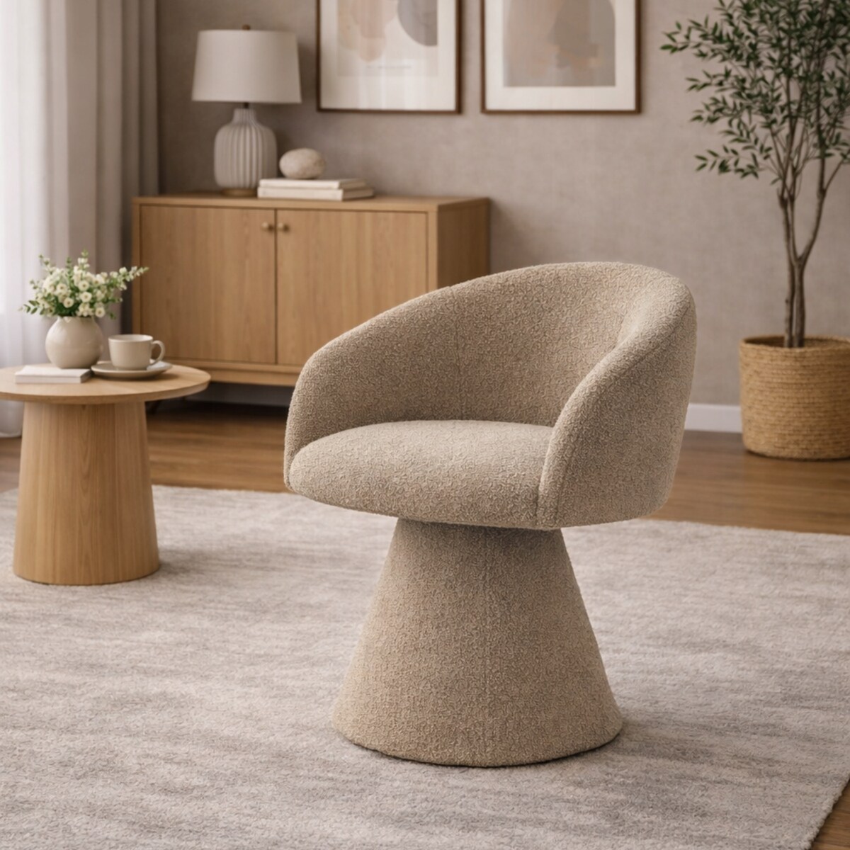 Fotel Obrotowy AUREO Krzesło do Salonu Khaki BOUCLE Nowoczesny Designerski