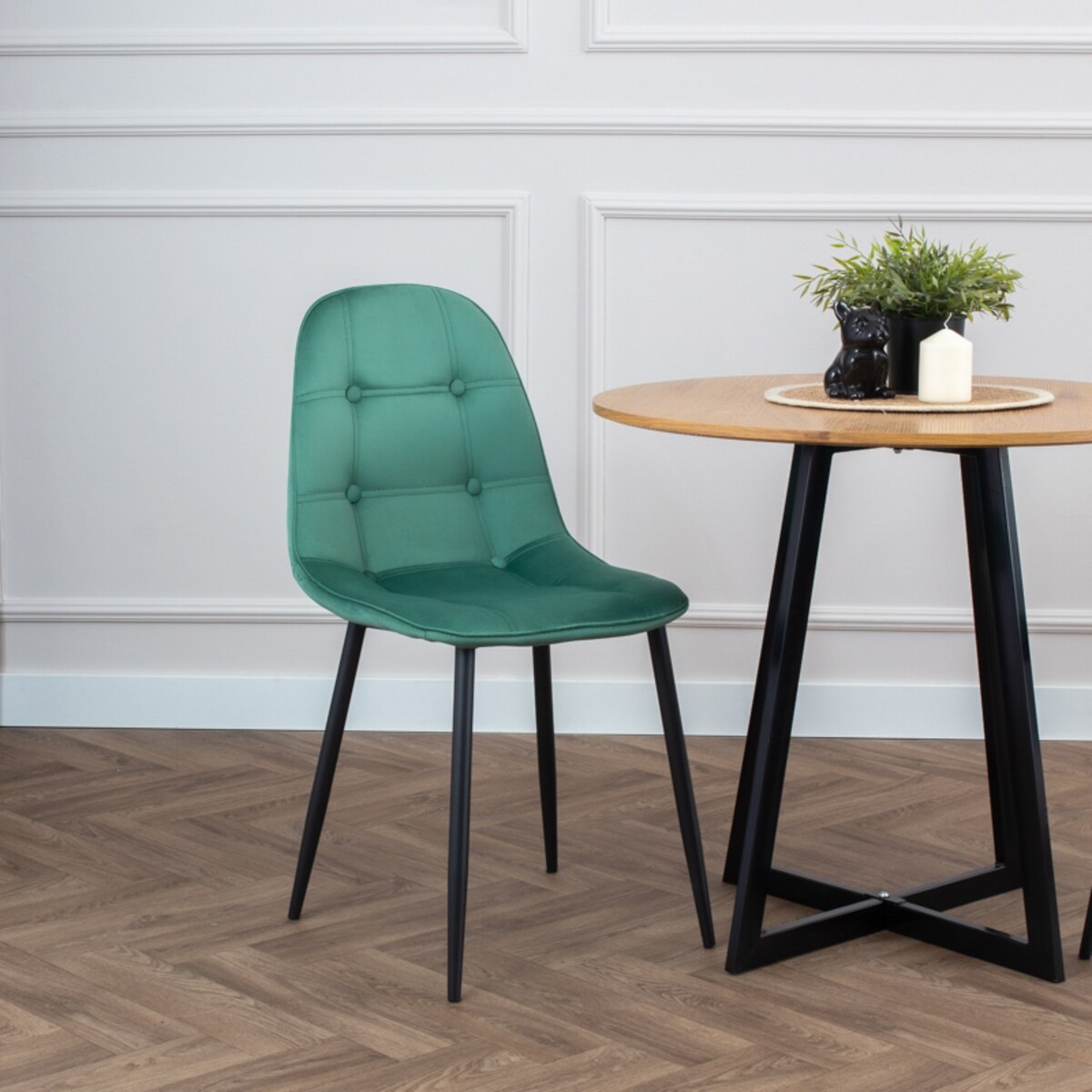 Krzesło tapicerowane welurowe pikowane do jadalni salonu z guzikami zielone