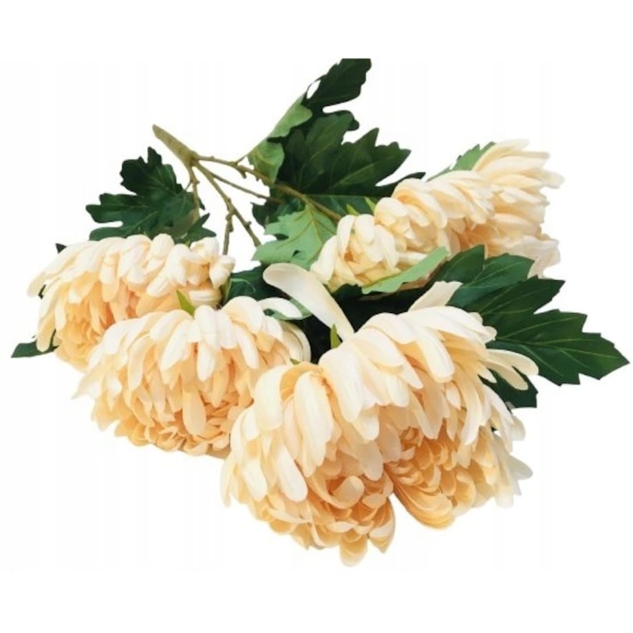 BUKIET DUŻY chryzantemy sztuczne kremowe LIŚCIE do flakonu na cmentarz grób