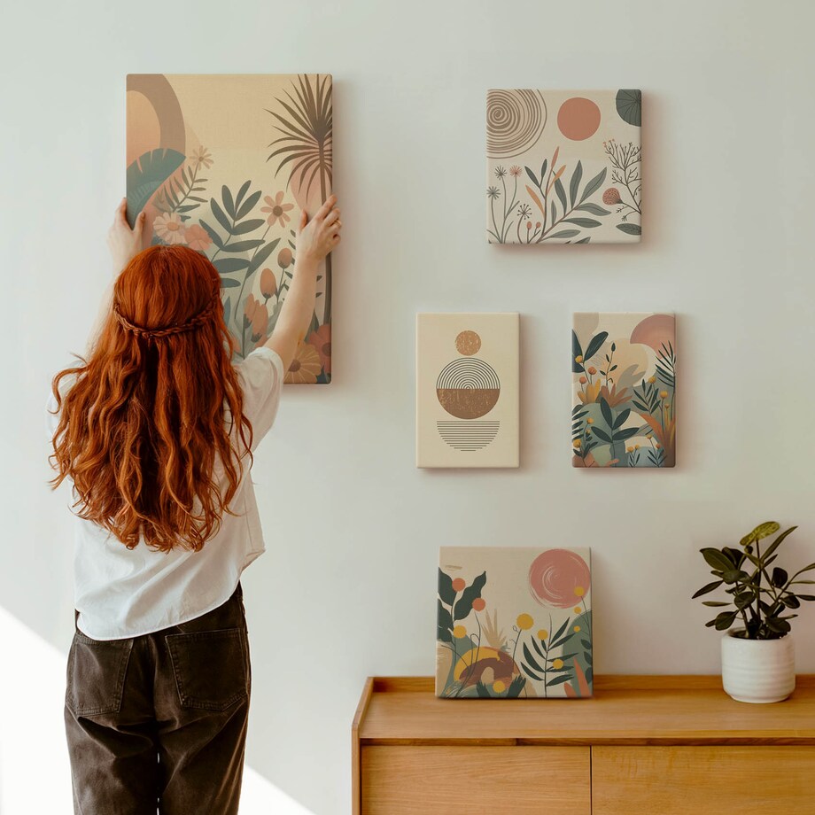 Zestaw 5 obrazów na płótnie - Roślinne motywy boho abstrakcja - brązowy