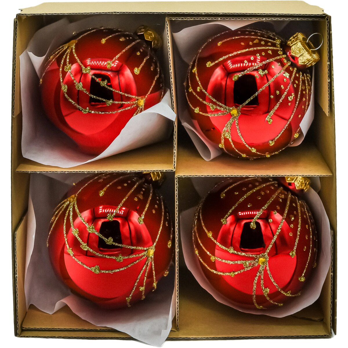 Bombka choinkowa: Czerwony zestaw bombek ze złotym ornamentem